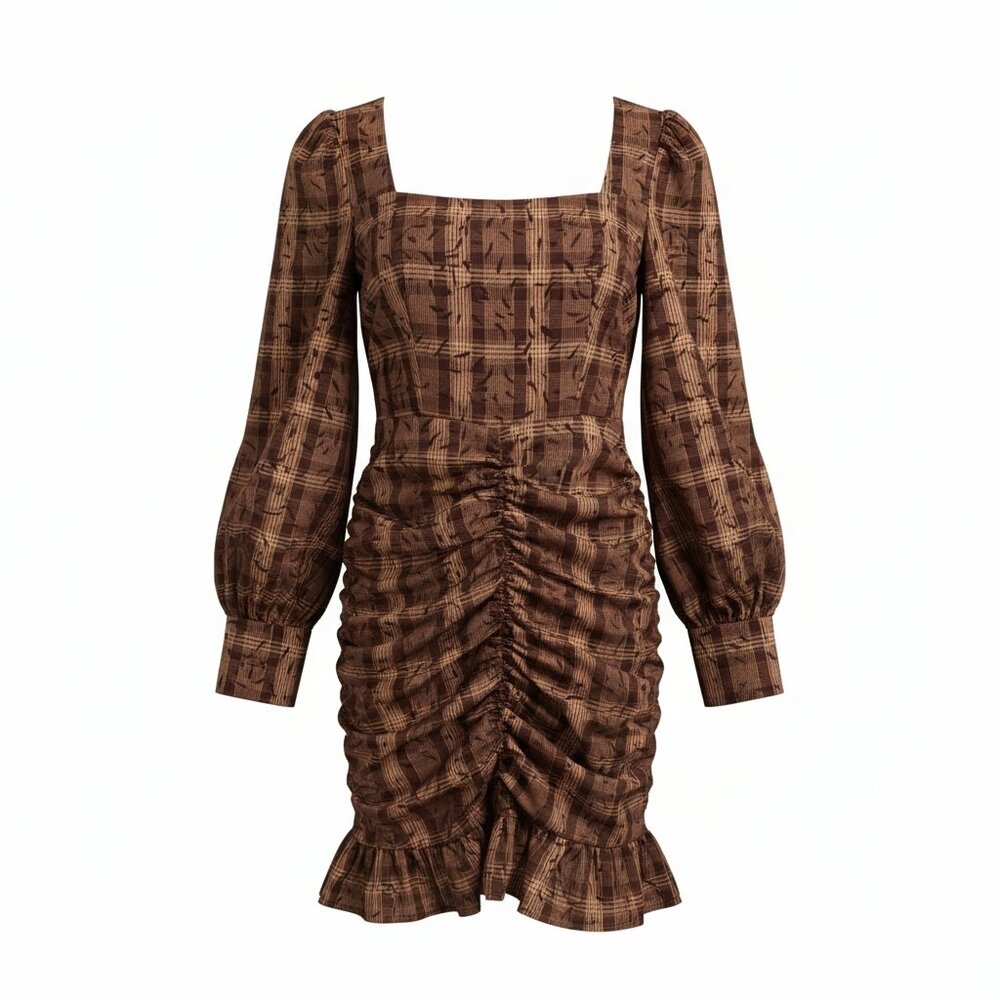 Brown Plaid Ruched Mini Dress XS Puff Sleeve Square Neck Cottagecore Dark Academ
